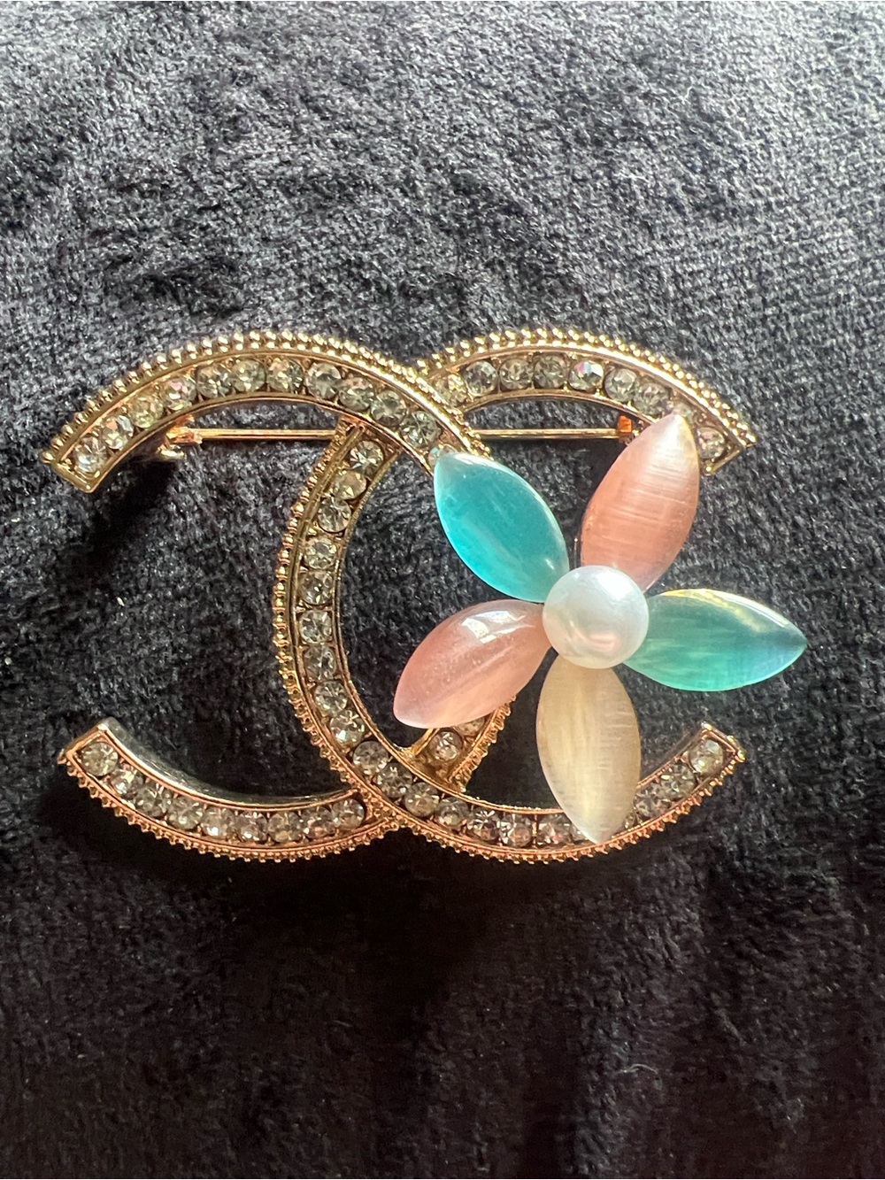 CHANEL Gold-Tone Crystal Double C Brooch with Pastel Blue & Pink Flower